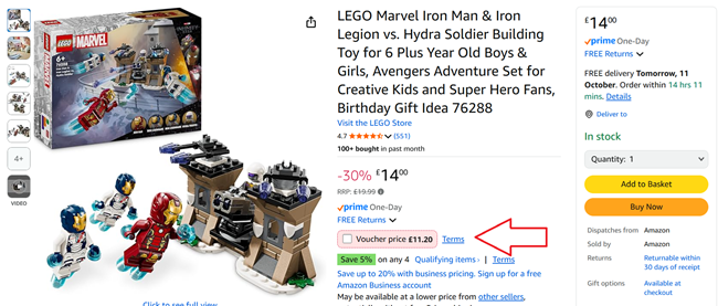 Screenshot showing LEGO Marvel Iron Man & Iron Legion vs. Hydra Soldier set at Amazon