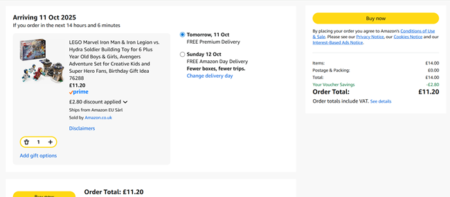 Screenshot showing LEGO Marvel Iron Man & Iron Legion vs. Hydra Soldier set for £11.20 at Amazon
