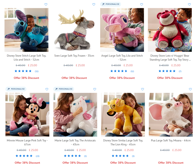 Screenshot showing Selected Large Disney Soft Toys now £25 at Disney Store