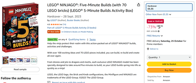 Screenshot showing LEGO Ninjago: Five-Minute Builds Book + LEGO Bricks for £5.35 at Amazon