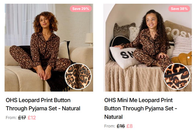 Screenshot showing Leopard Print Pyjamas at Online Home Shop