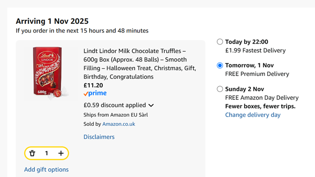 Screenshot showing Lindt Lindor Milk Chocolate Truffles 600g for £11.20 at Amazon