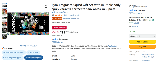 Screenshot showing Lynx Fragrance Squad Gift Set for £11.50 at Amazon