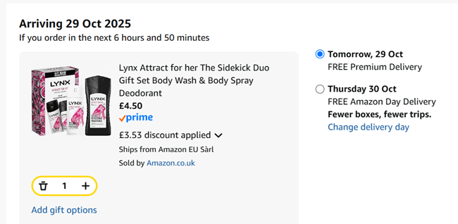 Screenshot showing Lynx Attract For Her Body Wash & Body Spray Deodorant Duo Gift Set for £4.50 at Amazon