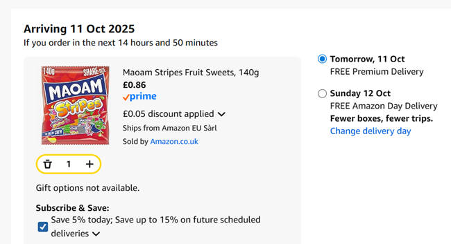 Screenshot showing Maoam Stripes Fruit Sweets 140g for 86p at Amazon