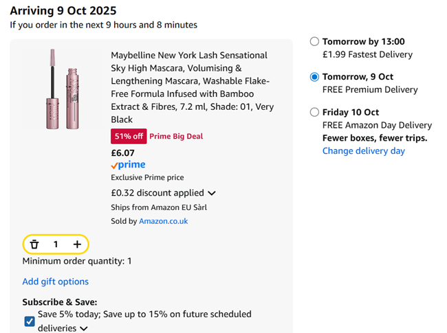 Screenshot showing Maybelline New York Lash Sensational Sky High Mascara for £6.07 at Amazon