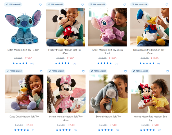 Screenshot showing Medium Soft Toys for £15 offer at Disney Store