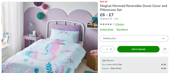 Screenshot showing Magical Mermaid Reversible Duvet Cover and Pillowcase Set from £6 at Dunelm