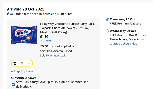Screenshot showing Milky Way Chocolate 14 Funsize Party Pack for £1.80 at Amazon