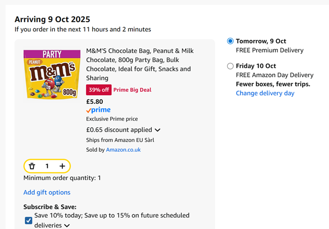 Screenshot showing M&M'S Peanut 800g Party Bag for £5.80 at Amazon