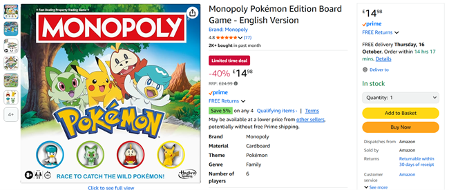 Screenshot showing Monopoly Pokémon Edition Board Game for £14.98 at Amazon