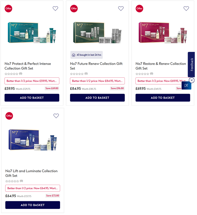 Screenshot showing Better Than Half Price No7 Skincare Collections at Boots