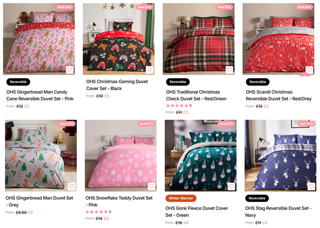Screenshot showing Christmas Duvet Cover Sets at Online Home Shop
