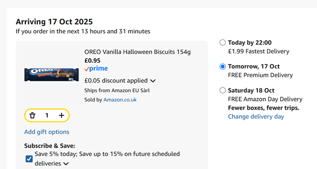 Screenshot showing Oreo Vanilla Halloween Biscuits 154g for 95p at Amazon