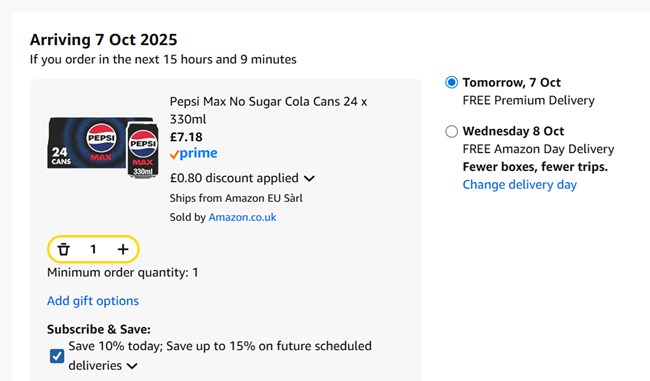 Screenshot showing Pepsi Max 24 x 330ml Cans for £7.18 at Amazon