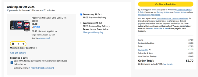 Screenshot showing Pepsi Max No Sugar Cola Cans 24 x 330ml for £6.70 at Amazon