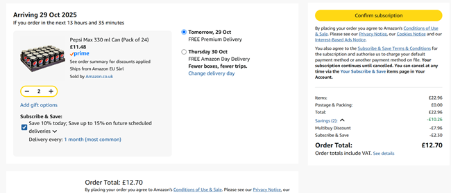 48 x Pepsi Max 330 ml Can £12.70 @ Amazon