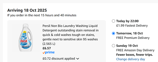 Screenshot showing Persil Non Bio 95 washes (2.565 L) for £6.57 at Amazon