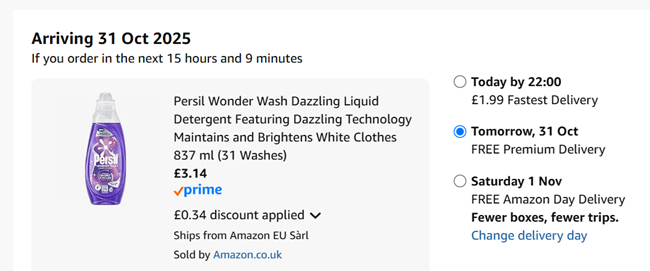 Screenshot showing Persil Wonder Wash Dazzling Liquid Detergent 837 ml (31 Washes) for £3.14 at Amazon