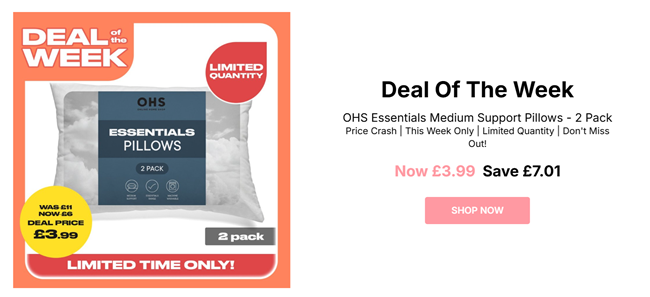 Screenshot showing OHS Essentials Medium Support Pillows 2 Pack for £3.99 at Online Home Shop