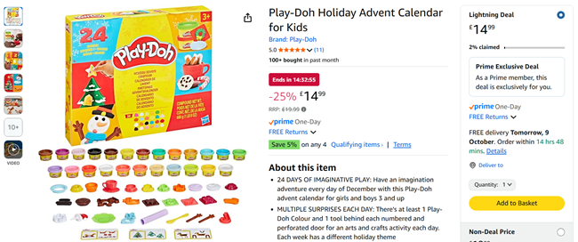 Screenshot showing Play-Doh Advent Calendar for £14.99 at Amazon