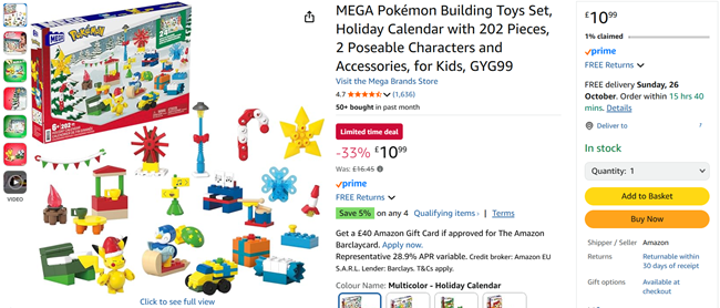 Screenshot showing MEGA Pokémon Advent Calendar for £10.99 at Amazon