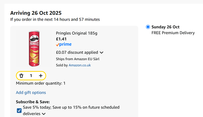 Screenshot showing Pringles 185g for £1.41 at Amazon