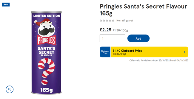 Screenshot showing Pringles Santa's Secret Flavour 165g for £1.40 Clubcard Price at Tesco