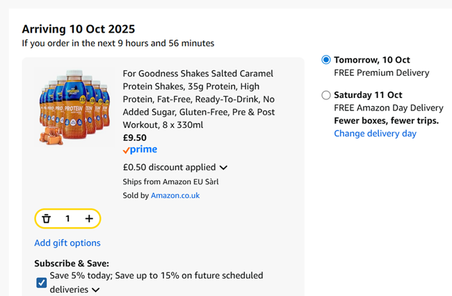 Screenshot showing For Goodness Shakes Salted Caramel Protein Shakes 8 x 330ml for £9.50 at Amazon