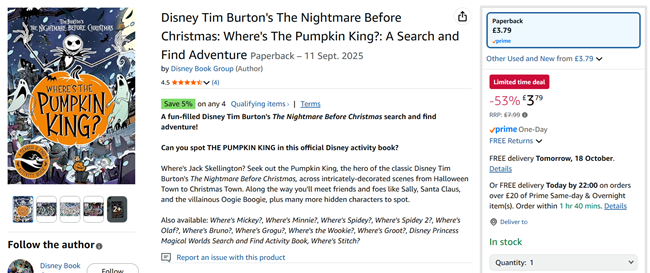 Screenshot showing The Nightmare Before Christmas Where's The Pumpkin King? Search and Find Book for £3.79 at Amazon