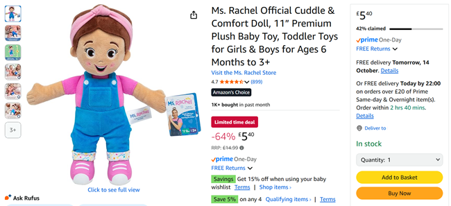 Screenshot showing Ms. Rachel Official Cuddle & Comfort Doll for £5.40 at Amazon