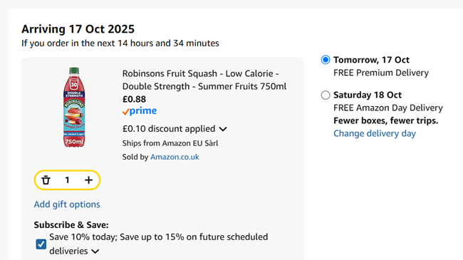 Screenshot showing Robinsons Fruit Squash Double Strength 750ml for 88p at Amazon