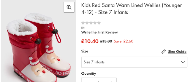 Screenshot showing Kids Red Santa Warm Lined Wellies for £10.40 at Matalan