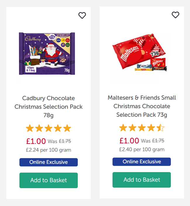 Screenshot showing Cadbury Chocolate Christmas Selection Pack 78g or Maltesers & Friends Small Christmas Chocolate Selection Pack 73g for £1 at Iceland