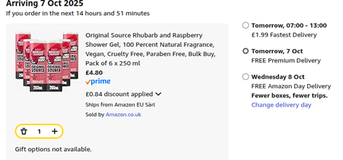 Screenshot showing Original Source Rhubarb & Raspberry Shower Gel 6 x 250 ml for £4.80 at Amazon