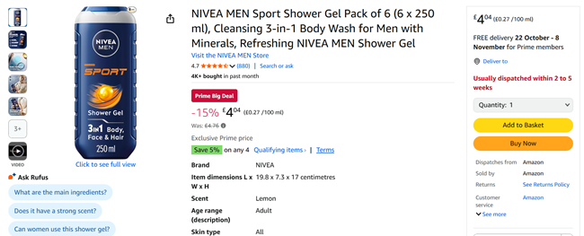 Screenshot showing Nivea Men Sport Shower Gel Pack of 6 x 250 ml for £4.04 at Amazon