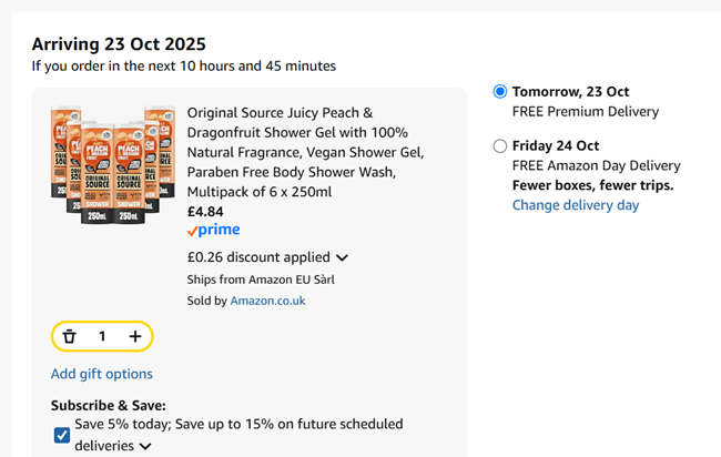 Screenshot showing Original Source Juicy Peach & Dragonfruit Shower Gel 6 x 250ml for £4.84 at Amazon