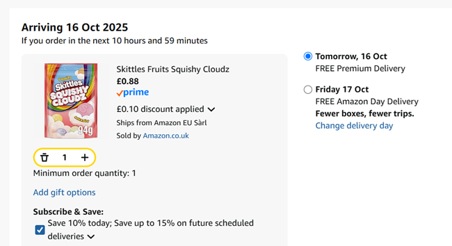 Screenshot showing Skittles Fruits Squishy Cloudz 94g for 88p at Amazon