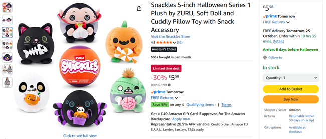 Screenshot showing Snackles 5-inch Halloween Series 1 Plush for £5.58 at Amazon