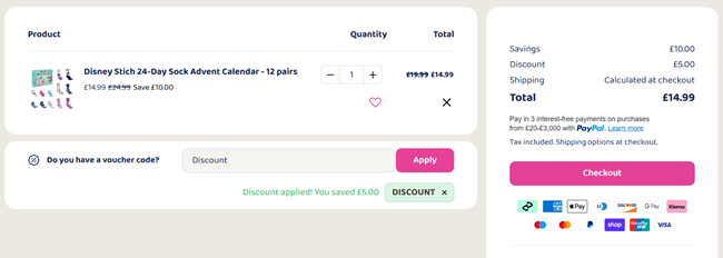Screenshot showing Stitch Sock Advent Calendars for £14.99 with code at Bargain Max
