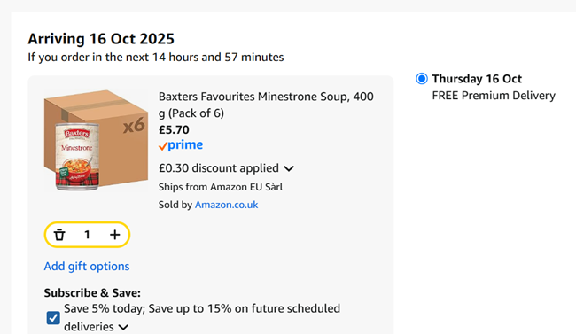 Screenshot showing Baxters Favourites Soup 400 g (Pack of 6) for £5.70 at Amazon