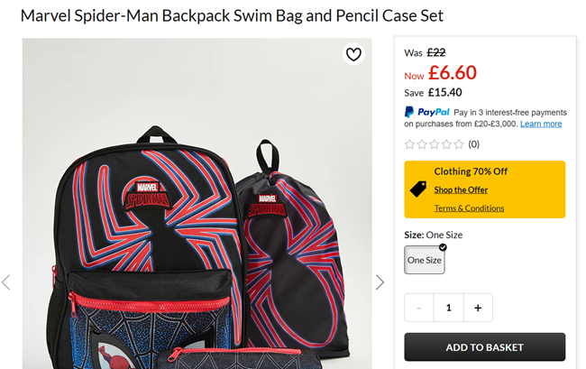 Screenshot showing Marvel Spider-Man Backpack Swim Bag and Pencil Case Set for £6.60 at Asda George