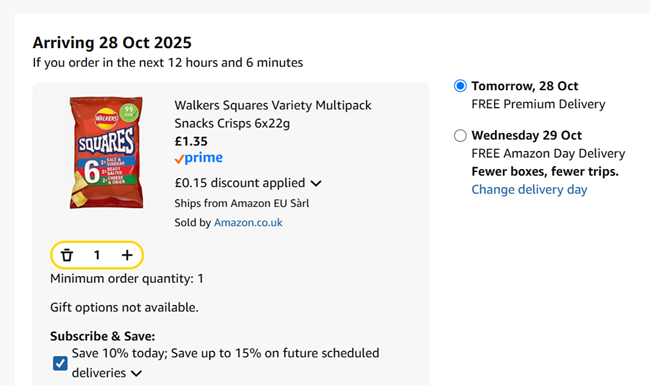 Screenshot showing Walkers Squares Variety Multipack Snacks Crisps 6x22g for £1.35 at Amazon