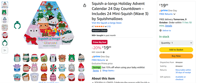 Screenshot showing Squishmallows Squish-a-longs Mini Squish Advent Calendar for £19.89 at Amazon