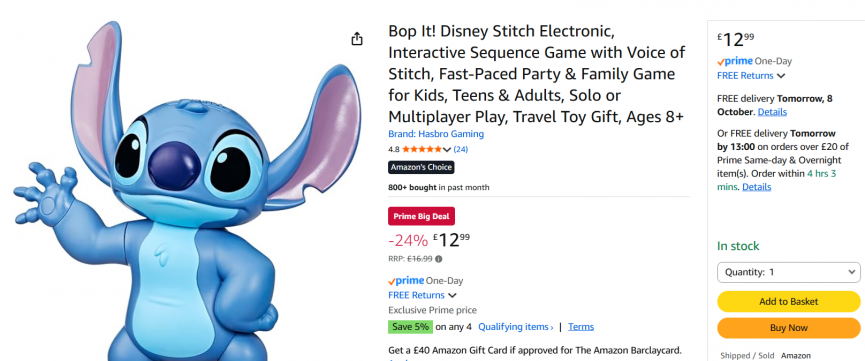 Hasbro Gaming Bop It! Disney Stitch Edition Game £12.99 @ Amazon