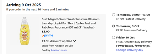 Screenshot showing Surf Magnifi-Scent Wash Sunshine Blossom Laundry Liquid 837 ml (31 Washes) for £3 at Amazon