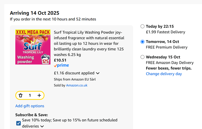 Screenshot showing Surf Tropical Lily Washing Powder 125 washes 6.25 kg for £10.51 at Amazon