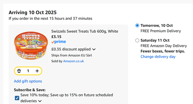 Screenshot showing Swizzels Sweet Treats Tub 600g for £3.15 at Amazon