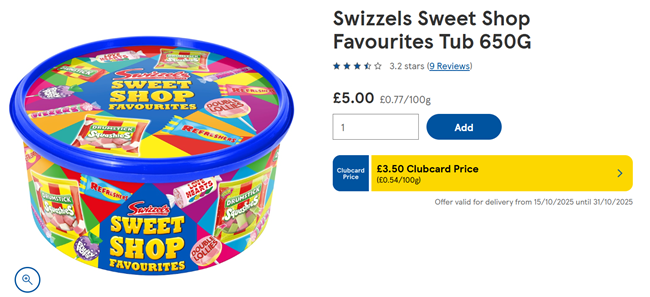 Screenshot showing Swizzels Sweet Shop Favourites Tub 650G for £3.50 at Tesco