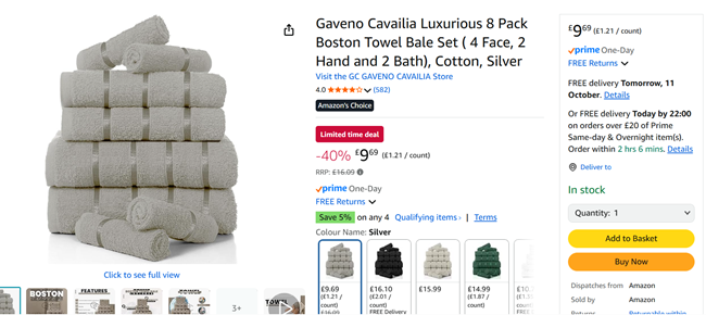 Screenshot showing Gaveno Cavailia Luxurious 8 Pack Boston Towel Bale Set Silver for £9.69 at Amazon